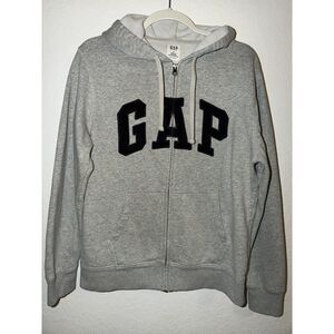 GAP Men’s Full Zip Hoodie Size M Gray Logo Arch Letter Fleece Lined Sweatshirt